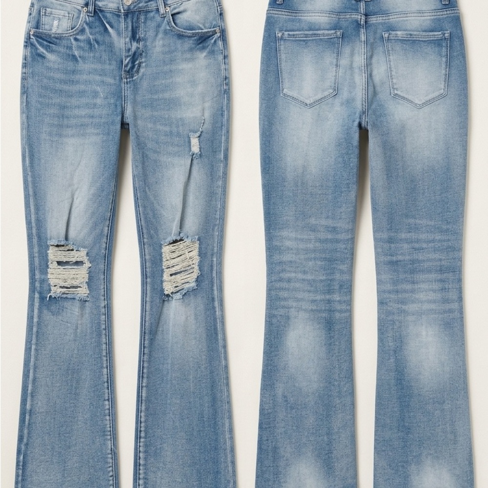 Buckle Light Blue Distressed Flare Jeans